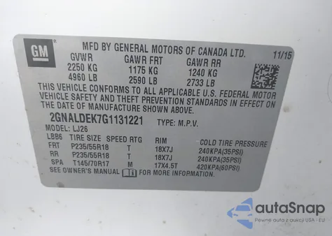2016 Chevrolet Equinox Ltz z USA, uszkodzony, nr VIN 2GNALDEK7G1131221